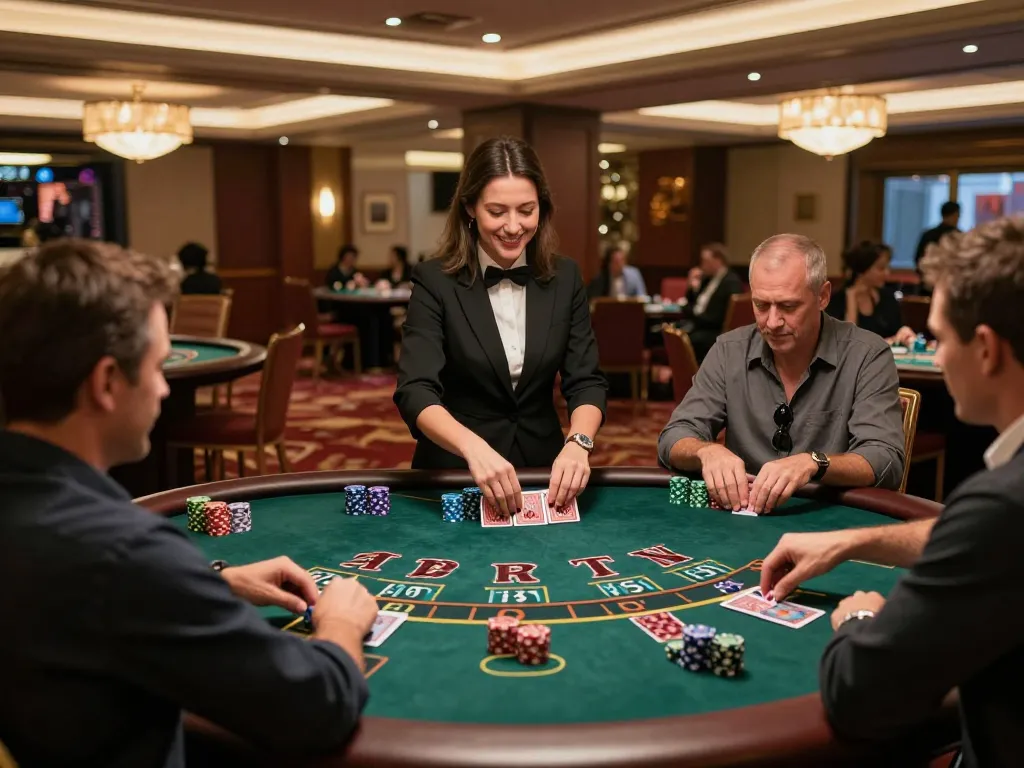 Players enjoying blackjack at Onbet casino, showcasing strategic gameplay with vibrant chips and elegant decor.