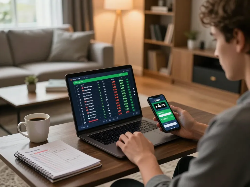 Engaged gambler using fabet on a laptop for sports betting, cozy living room with strategic notes and warm lighting.