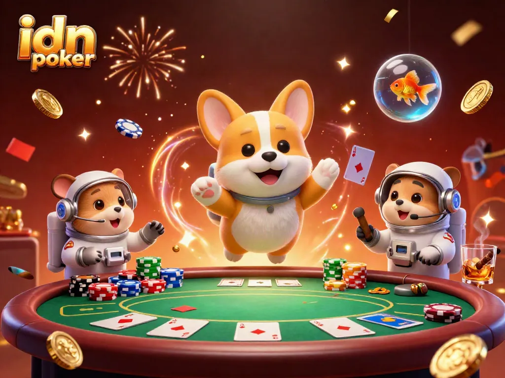 Witness an exciting idn poker scene with a corgi and friends in a vibrant casino setting