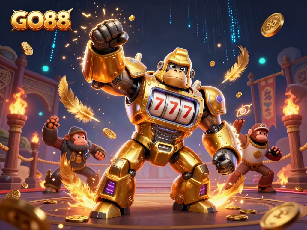 Engage with thrilling GO88 gaming action featuring a mechanical gorilla and vibrant casino elements.