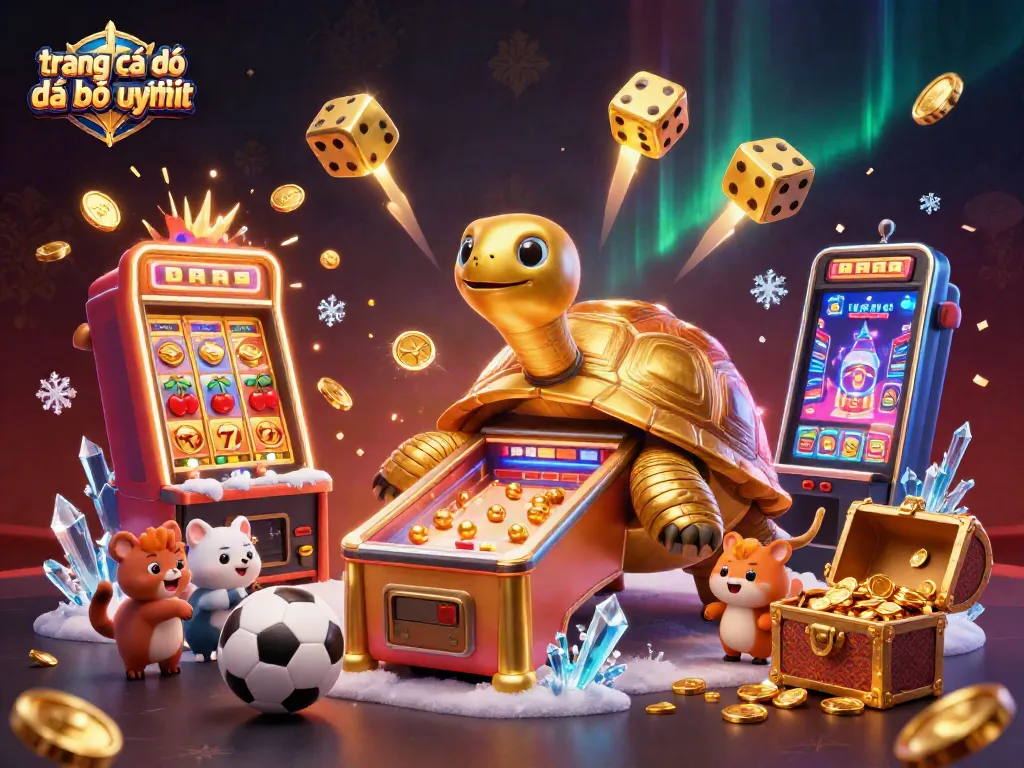 Các động vật nhỏ xếp hàng chờ chơi máy pinball trên mai rùa khổng lồ cùng trang cá độ đá bóng uy tín lấp lánh vàng.