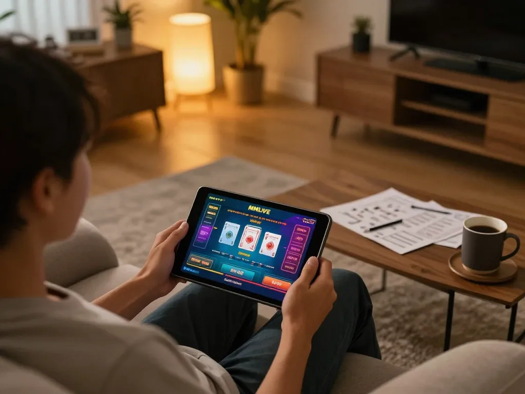 Engaging with MMLIVE gaming on a tablet in a cozy home environment with strategy notes around.