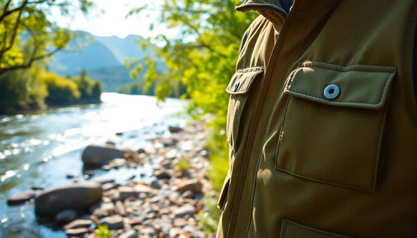 A fly fishing vest showcasing its features and pockets near a serene riverbank.