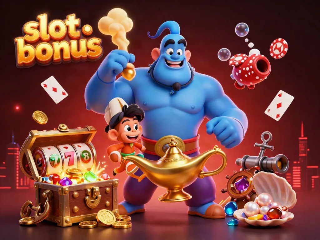 Experience the excitement of a slot bonus with this vibrant 3D casino scene featuring a genie and playful elements.
