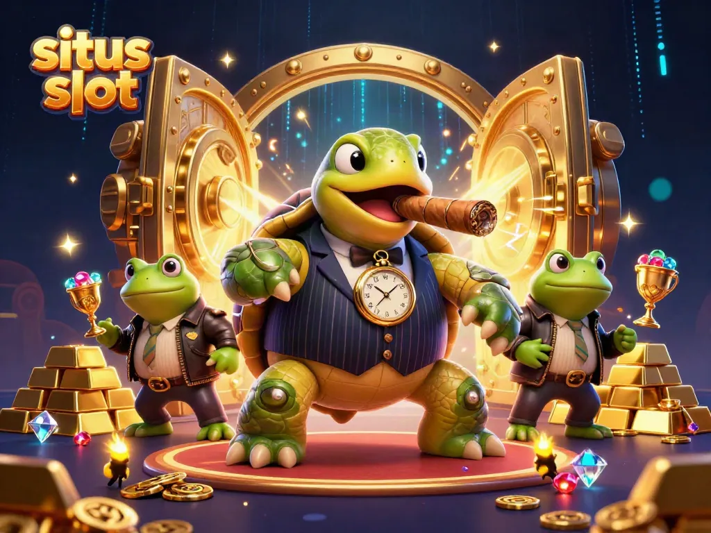 Experience thrilling moments at situs slot with a cartoon turtle and frog enforcers amidst jackpots and treasures.