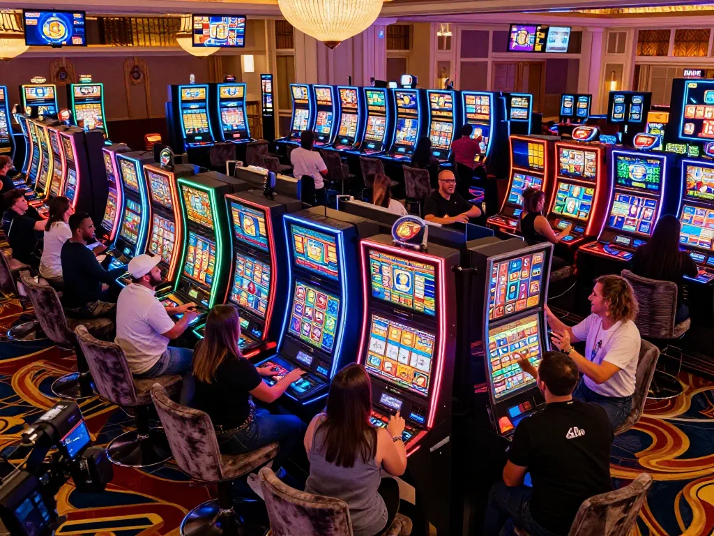 rokok88 players enjoying vibrant slot machines in a luxurious Vegas casino setting
