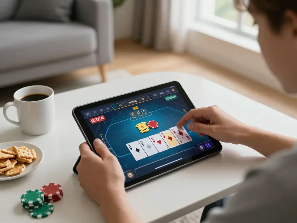 Engaging gameplay on 789club's online poker interface in a cozy living room setting.