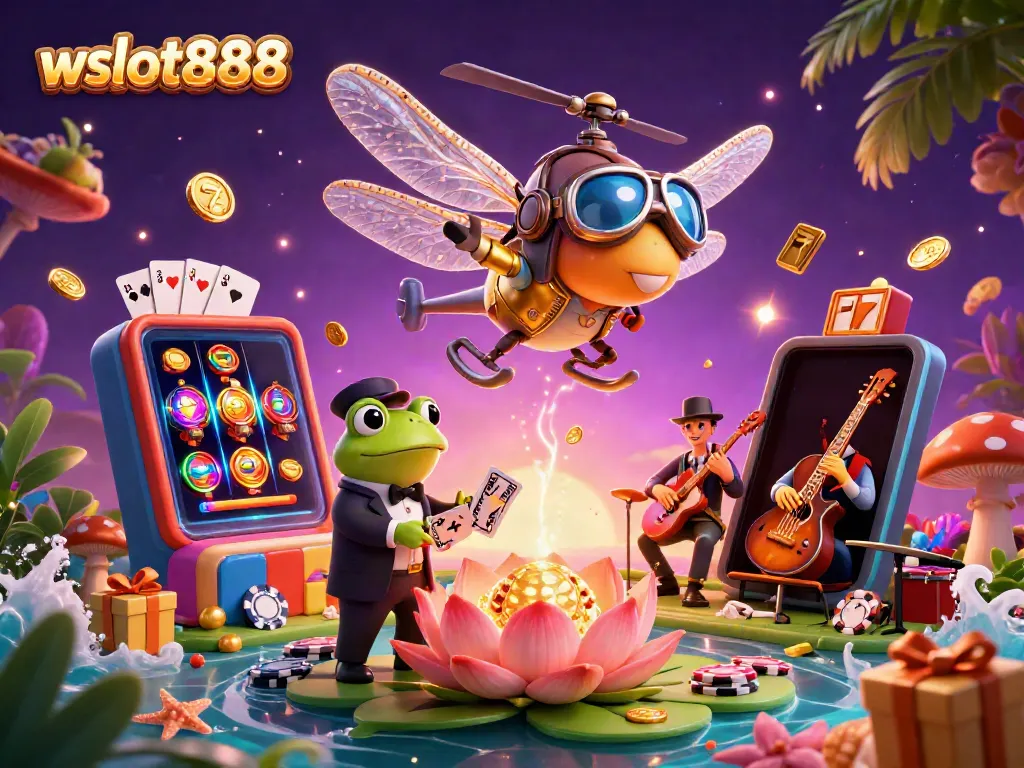 Ilustrasi 3D menghidupkan pengalaman bermain wslot888 dengan karakter unik dan elemen permainan kasino.