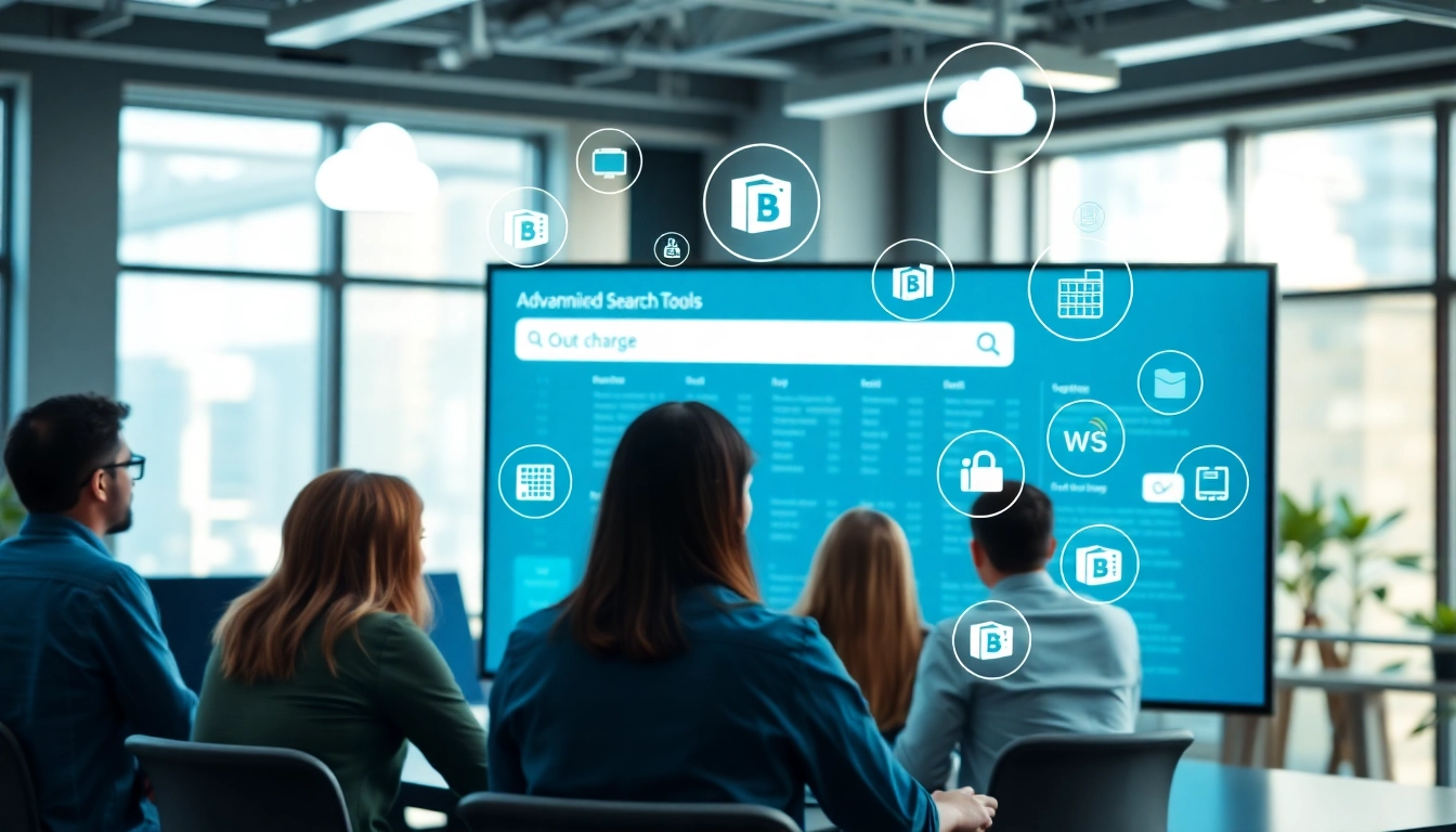 Showcasing enterprise search tools in action, a diverse team collaborates using digital workspace technology.