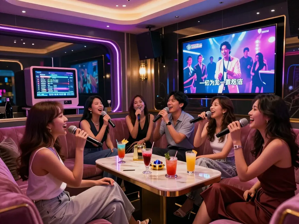 Exciting group singing at https://www.gangnamtune.com luxurious Gangnam karaoke bar highlighting vibrant nightlife.