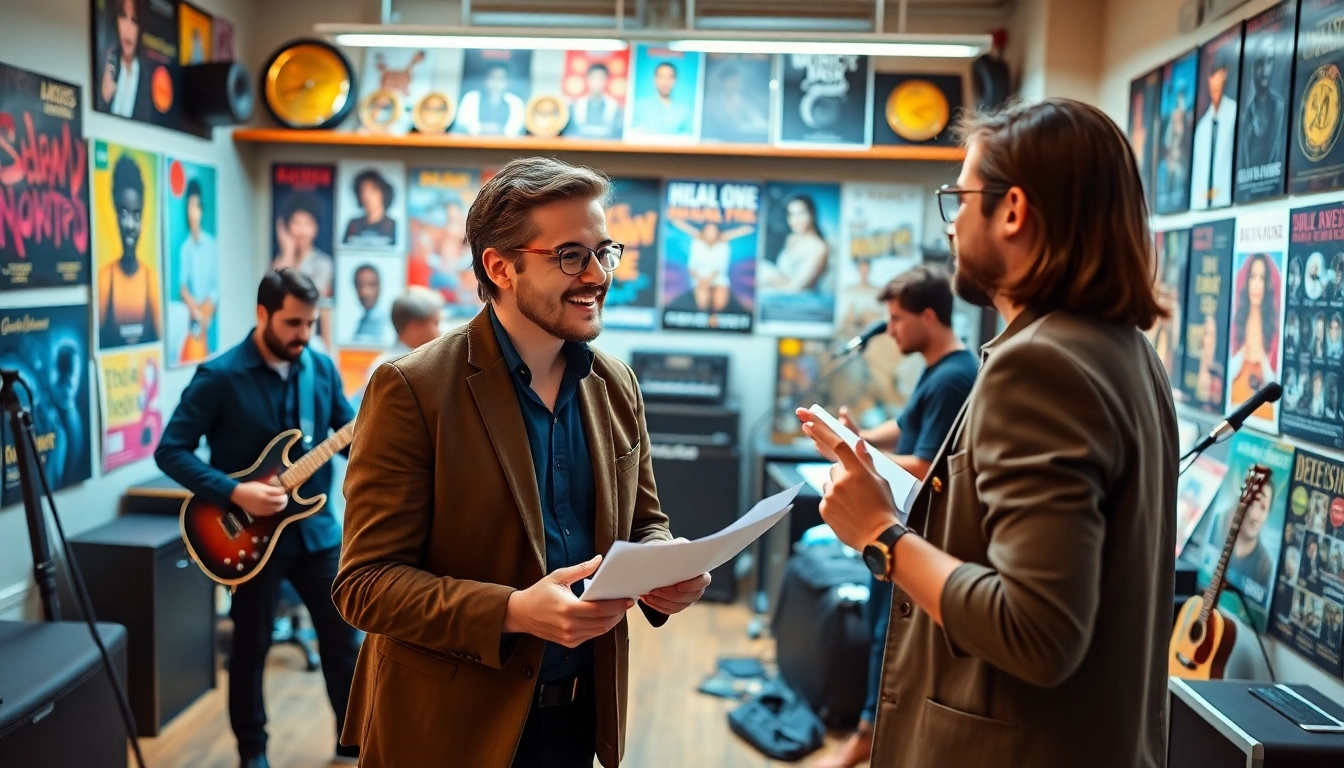 Engaging scene showcasing a music pr company brainstorming next marketing strategies with musicians.