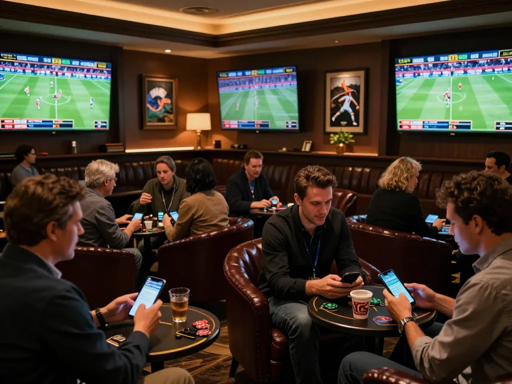 Engaged bettors strategizing on mobile devices at TIP88's sports betting lounge, exciting atmosphere.