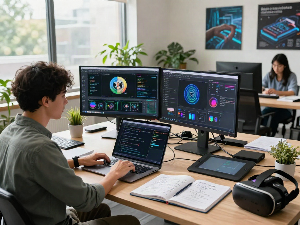Data scientist working on AI image detection software with dual monitors and natural light.
