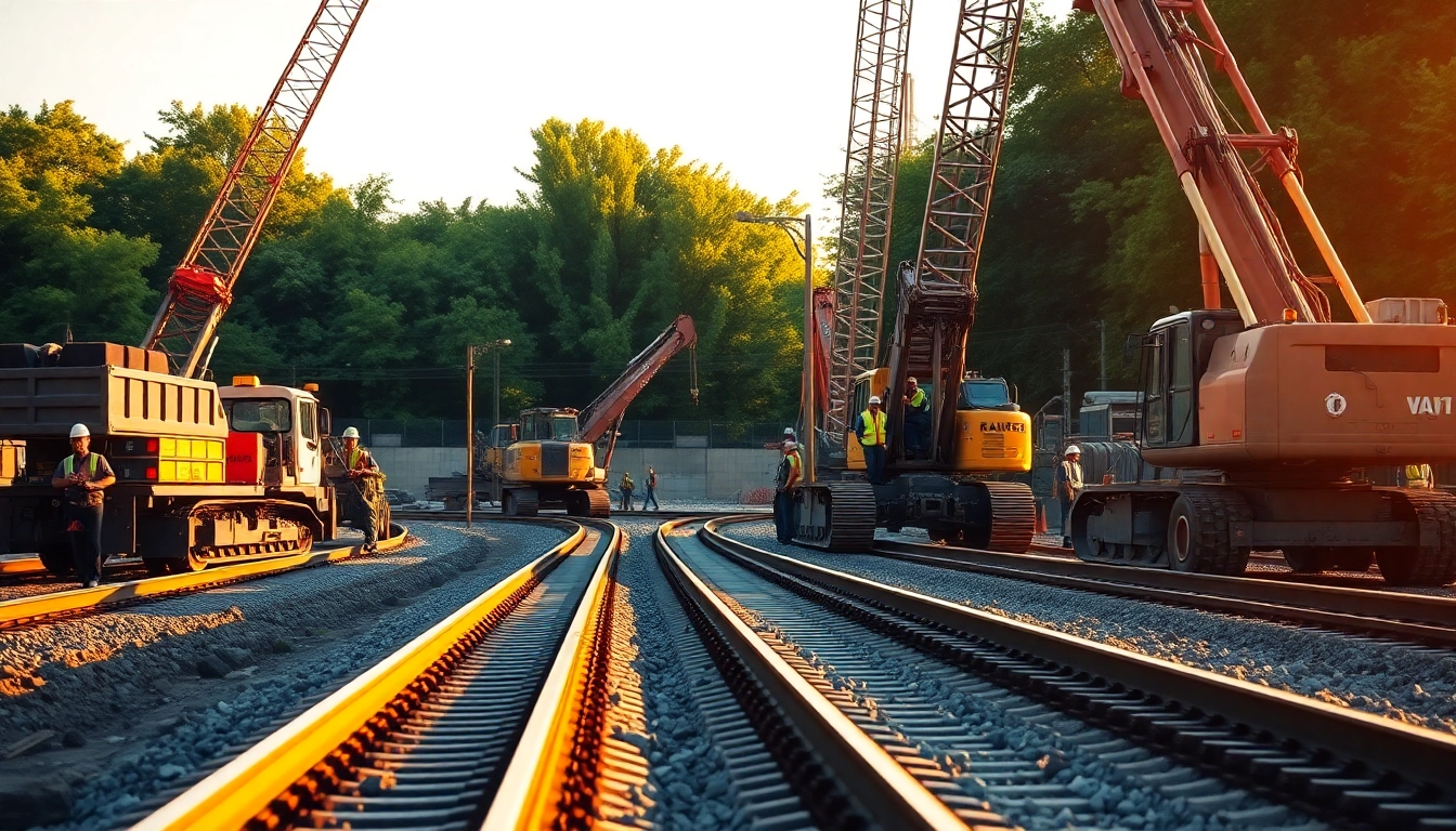 Workers engaging in Railroad Construction with machinery and newly laid tracks.