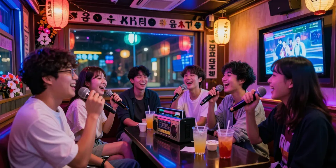 Fun 제주유흥 experience at a lively 노래방 with friends enjoying karaoke, colorful neon lights, and festive atmosphere.