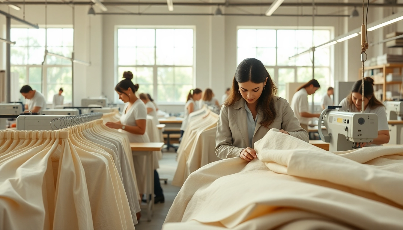 Linen clothing manufacturer showcasing skilled artisans crafting high-quality linen apparel.