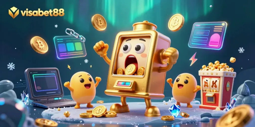 Experience the thrill of visabet88 with a joyful slot machine in action, amid vibrant casino elements.