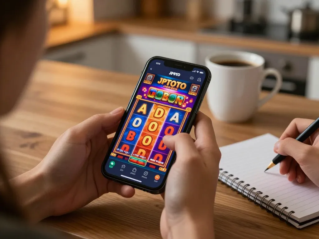 Engaging mobile gaming moment with JPTOTO slot app showcasing a big win.