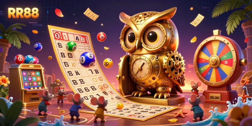 Engage with the exciting casino world of RR88 featuring a golden owl and whimsical elements in a vibrant 3D design.