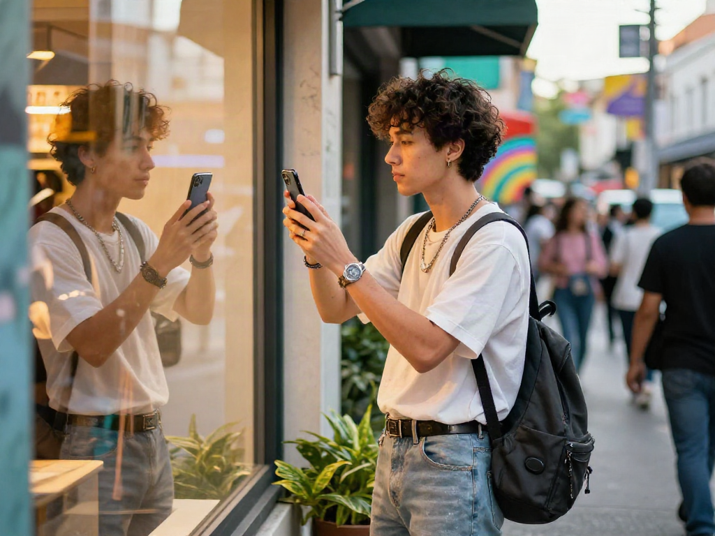 Individual looks like a celebrity while admiring their stylish outfit in an urban setting.