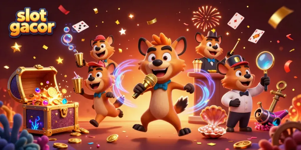 Slot gacor menghadirkan suasana kasino dengan hyena dan elemen permainan yang meriah.