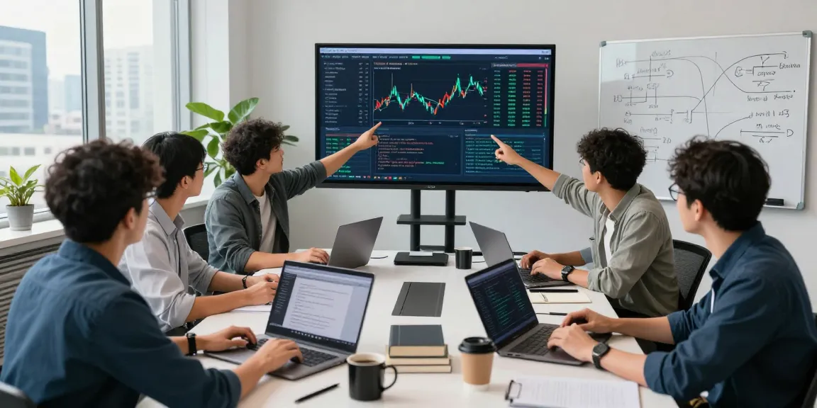 Engaged developers collaborating on a multi-exchange data interface in a fintech workspace
