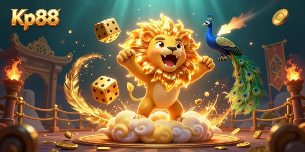 Experience thrilling gameplay with Kp88's vibrant 3D casino scene filled with gold and excitement.