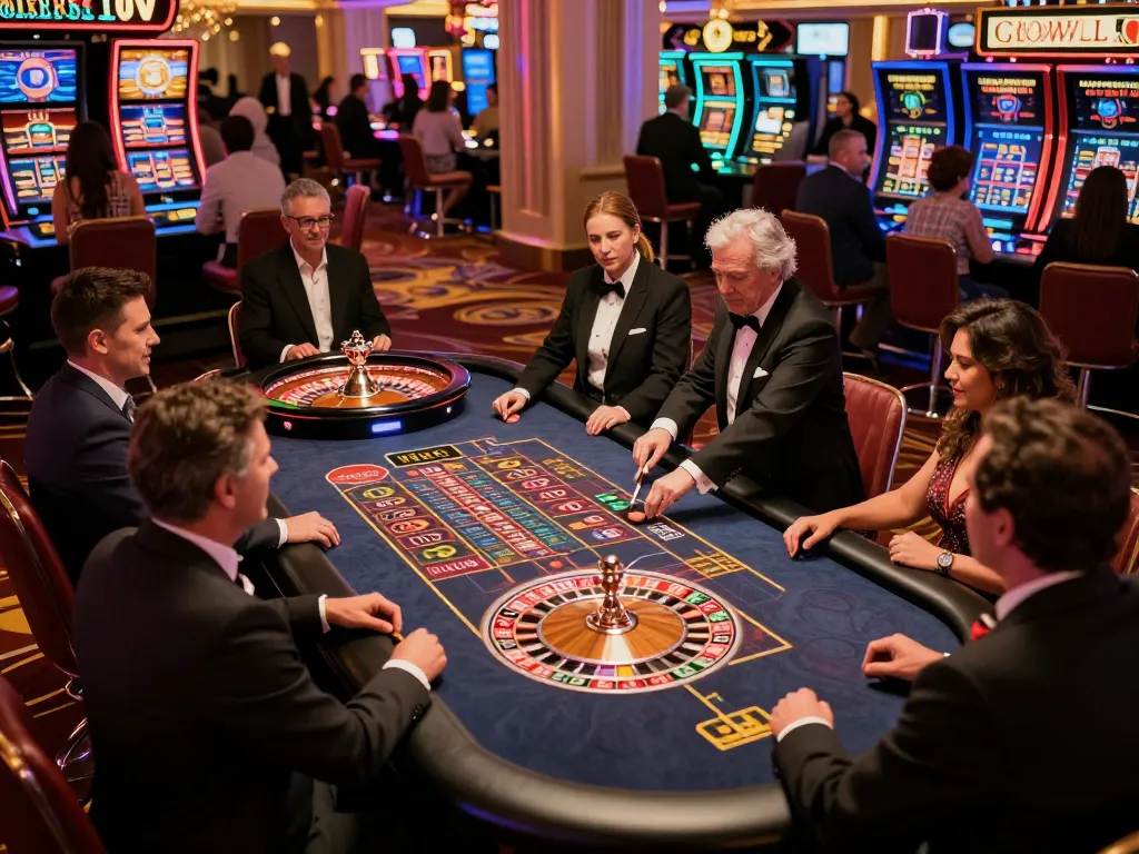 Players engaging in exciting bets at the FC88 roulette table in a glamorous Las Vegas casino.
