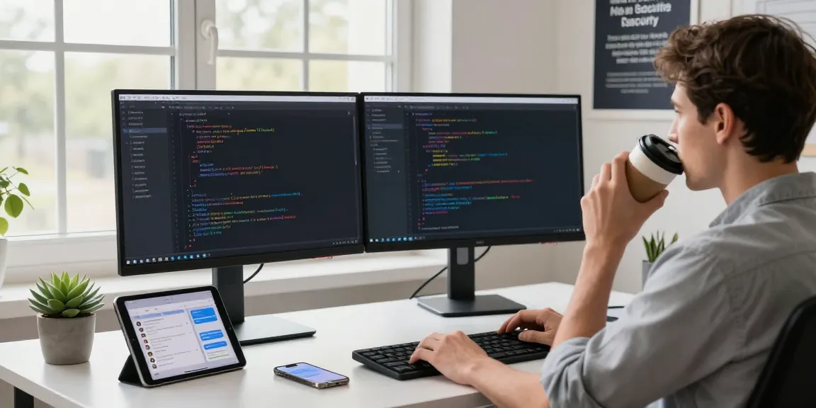 快连 software engineer debugging code on dual monitors in a bright workspace.