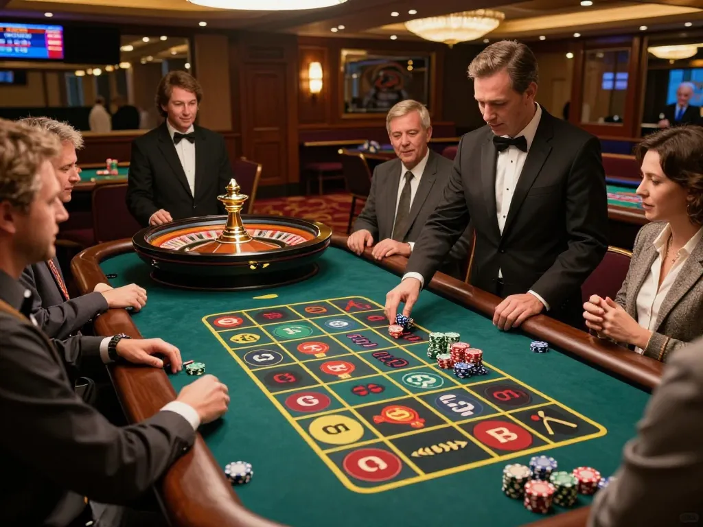 Players placing bets and cheering at a GG88 roulette table in an upscale casino atmosphere.