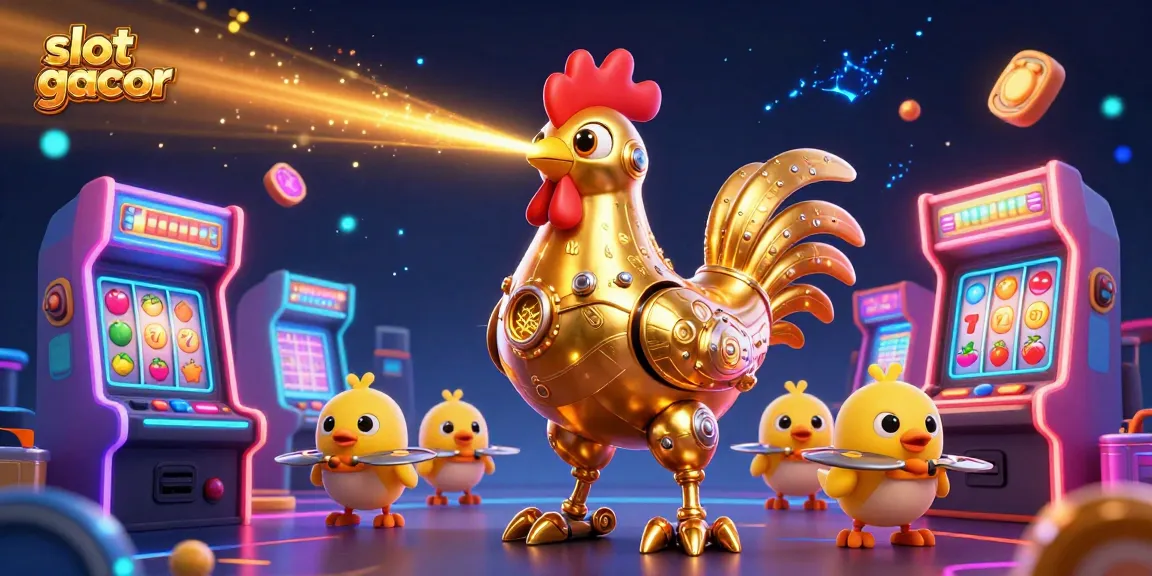 Experience slot gacor excitement with a golden rooster robot and baby chick drones amidst vibrant gaming elements.