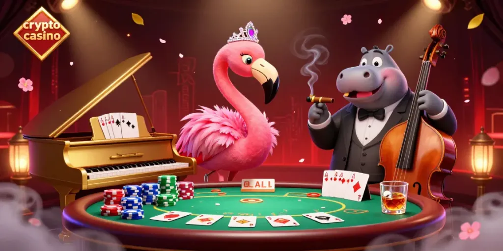 Engage with the vibrant crypto casino scene featuring lively musicians and poker action.