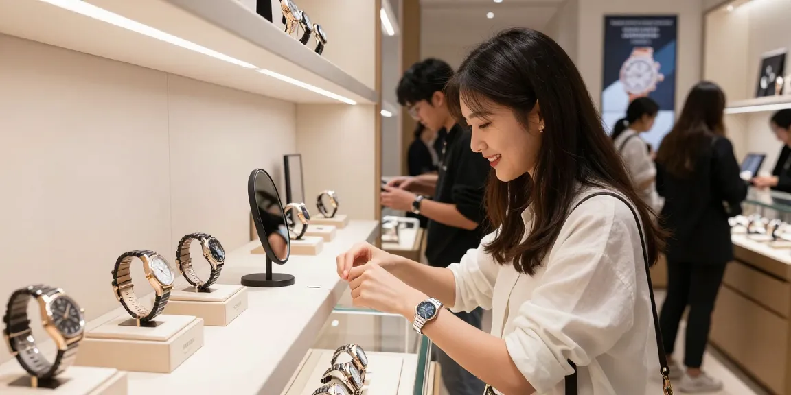 Stylish young woman trying on a 시계 레플리카 in a modern boutique, showcasing luxury watches and inviting atmosphere.