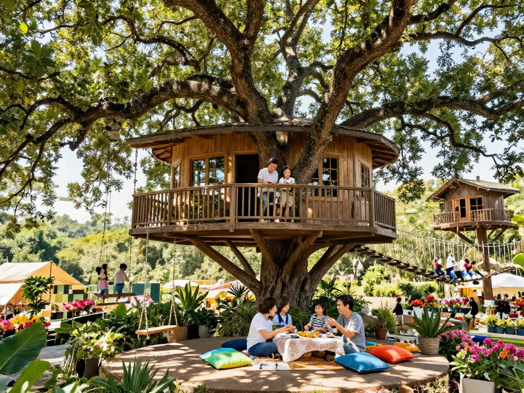 A family enjoying their tree house life with a picnic on a balcony surrounded by nature.
