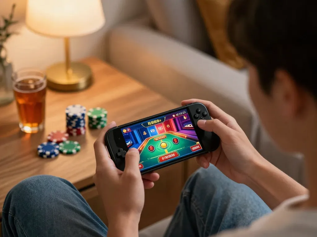 Engaging gameplay on the RR88 App from a cozy home setting with vibrant casino graphics.