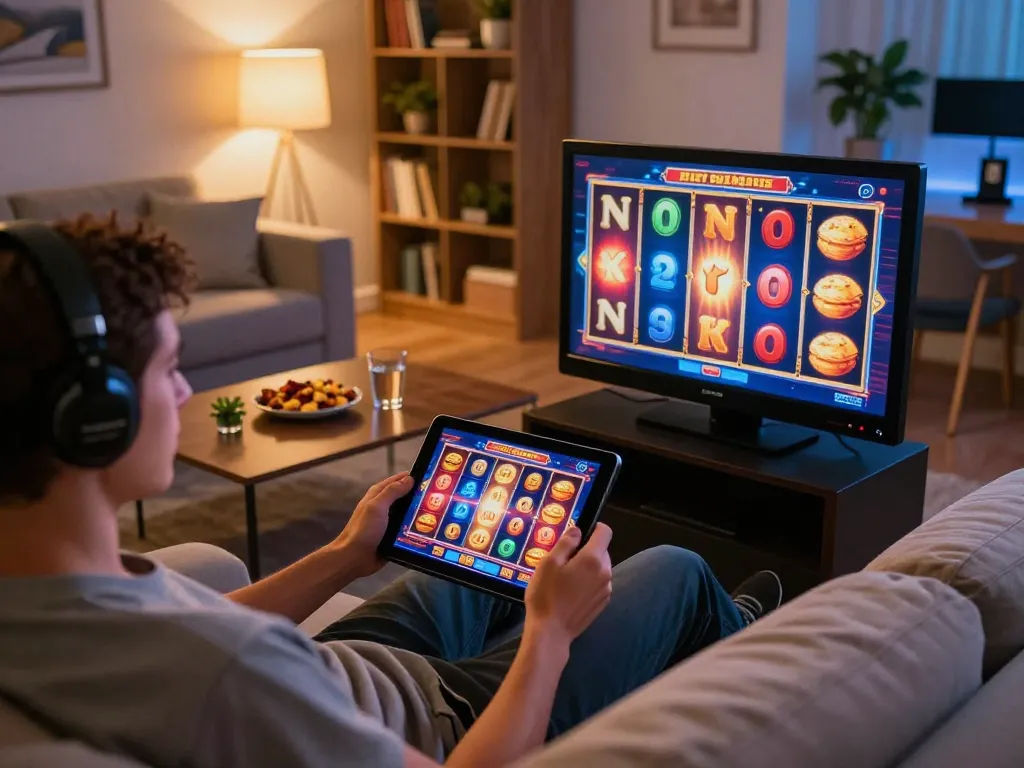 Engaging in online gaming at SC88, colorful slots displayed on tablet in a cozy environment.