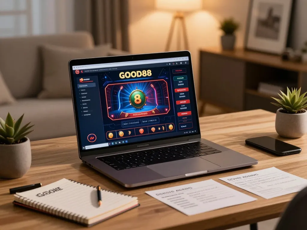 Engaging home workspace with GOOD88 casino gaming interface on a laptop, showcasing responsible entertainment.