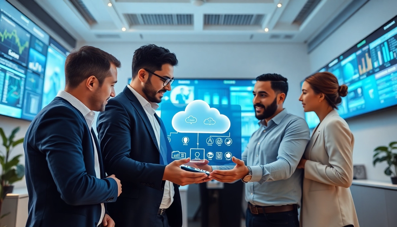 Providing cloud migration services through a collaborative team analyzing cloud solutions in a modern workspace.