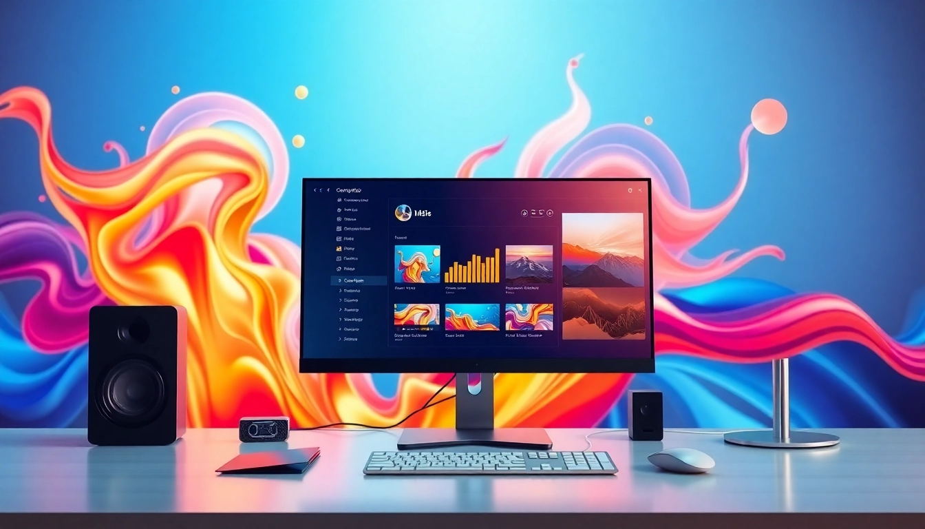 Utilize an image generator to create a modern, sleek digital art interface with vibrant visuals.