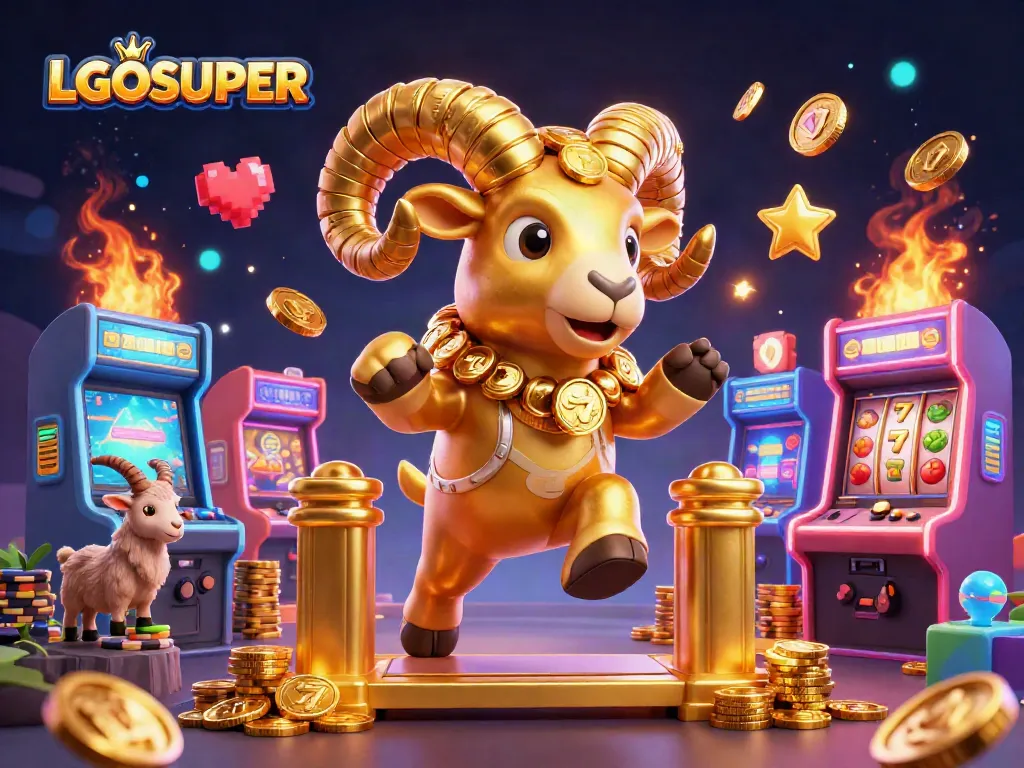 Experience thrilling slots with LGOSUPER’s golden ram charging through colorful game elements and jackpots!