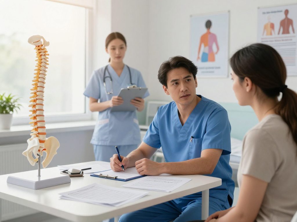Engaging discussion on bel fıtığı ameliyatı between patient and surgeon in a reassuring hospital environment