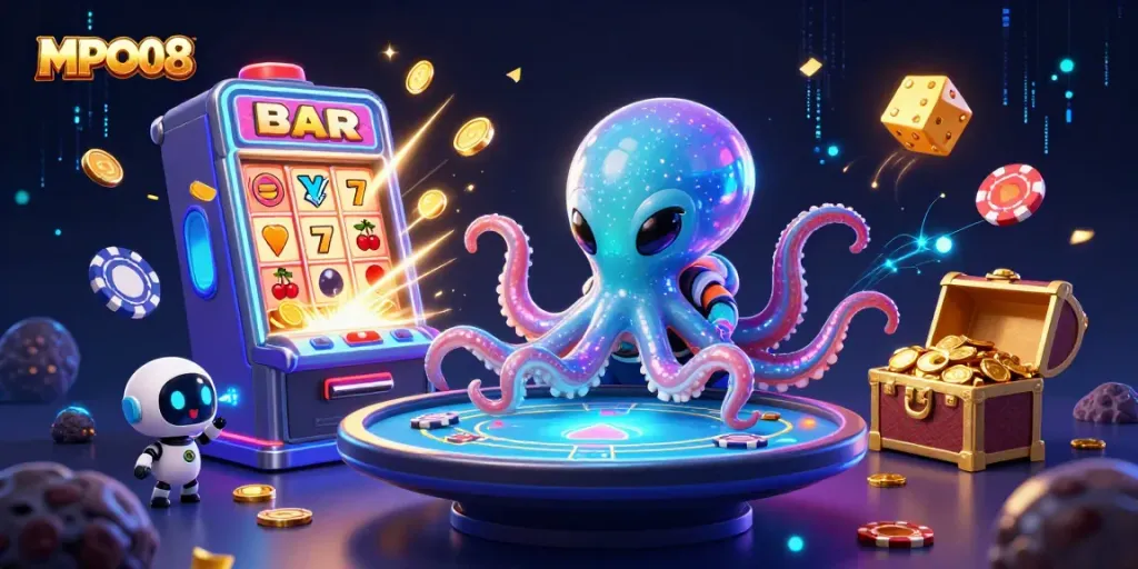 MPO08 alien octopus at a colorful poker table with dynamic jackpots and casino elements in 3D.