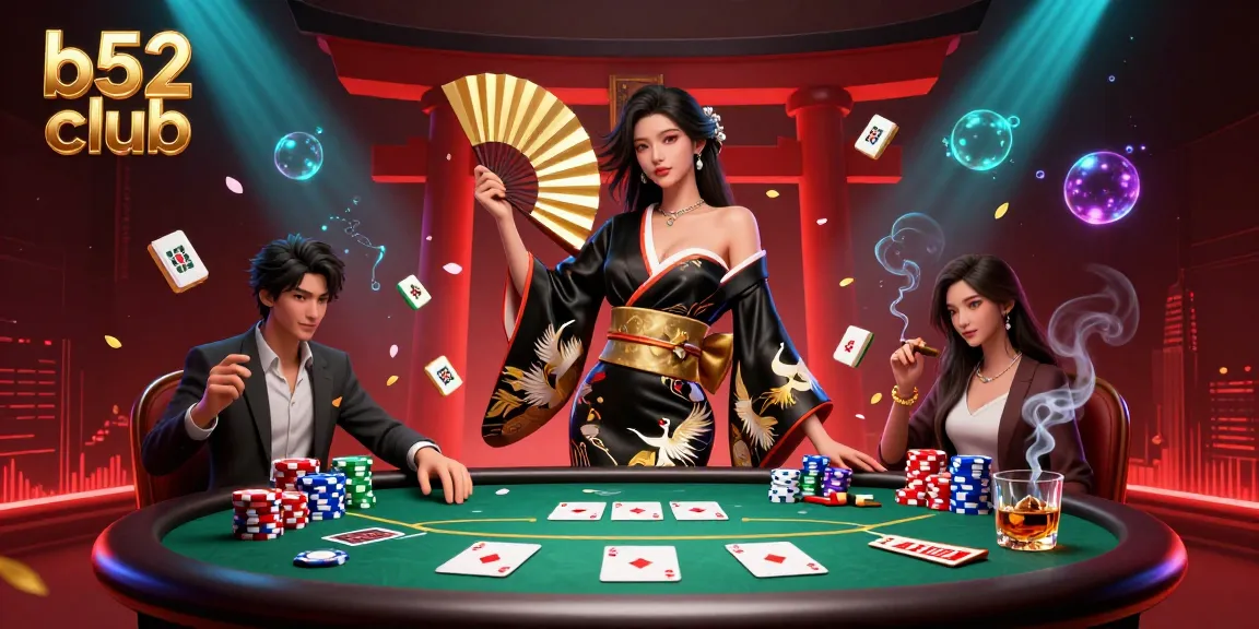 Engage with the b52 club in a vibrant casino scene featuring an elegant Asian woman amidst poker elements and a dramatic background.