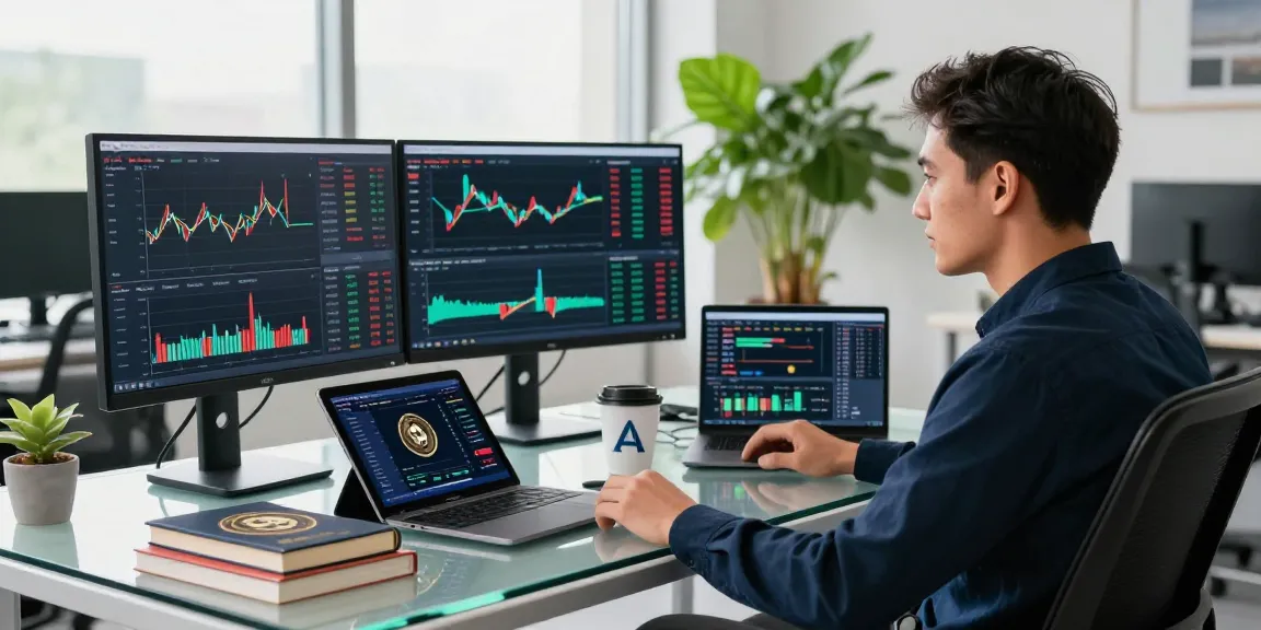 Okx reviews and insights featuring a modern crypto trading setup with multiple screens, showcasing live charts and portfolio data.