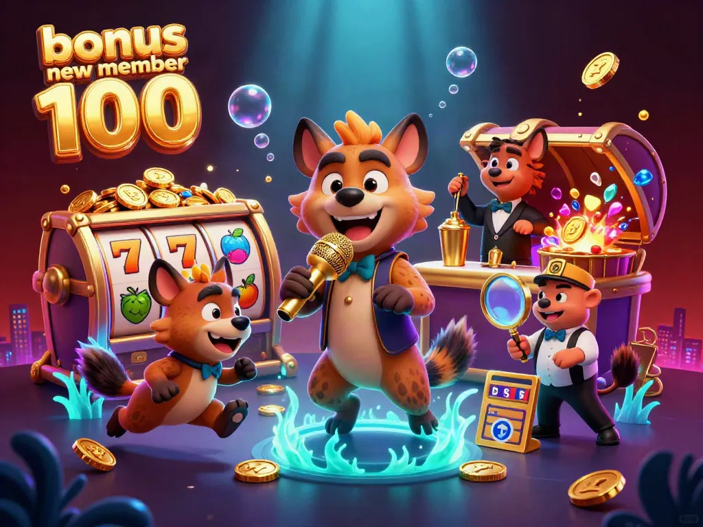 Enjoy thrilling slot action with bonus new member 100 in a vibrant casino scene featuring funny hyenas.