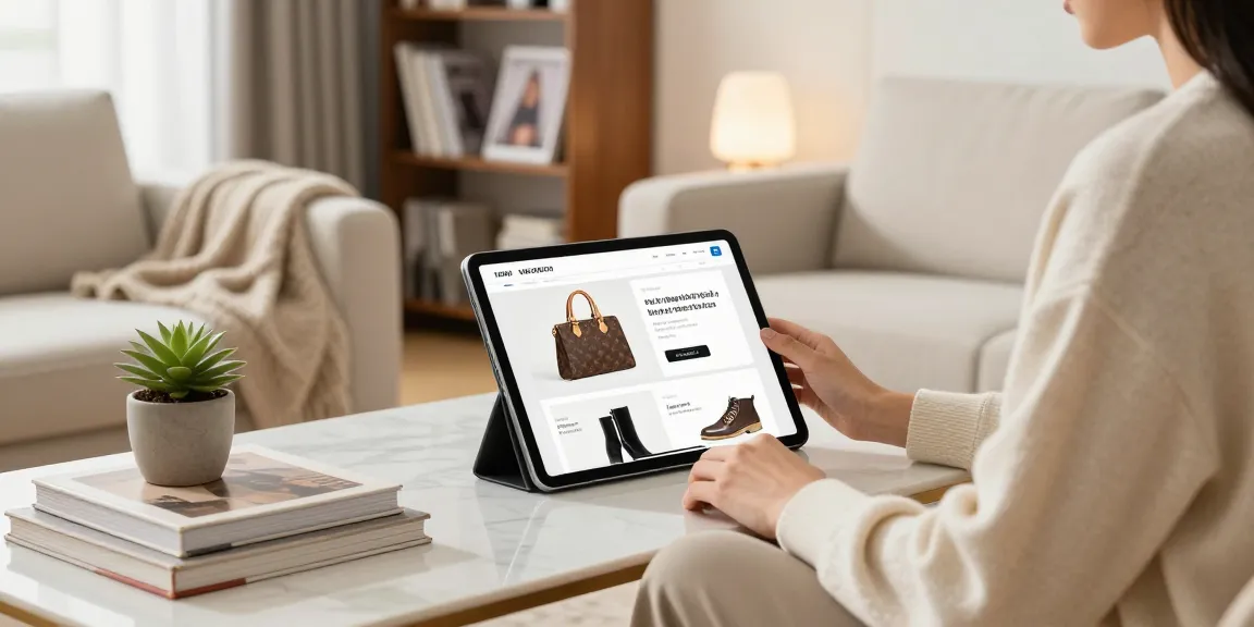 Person shopping for luxury 레플리카 products online in a cozy living room.
