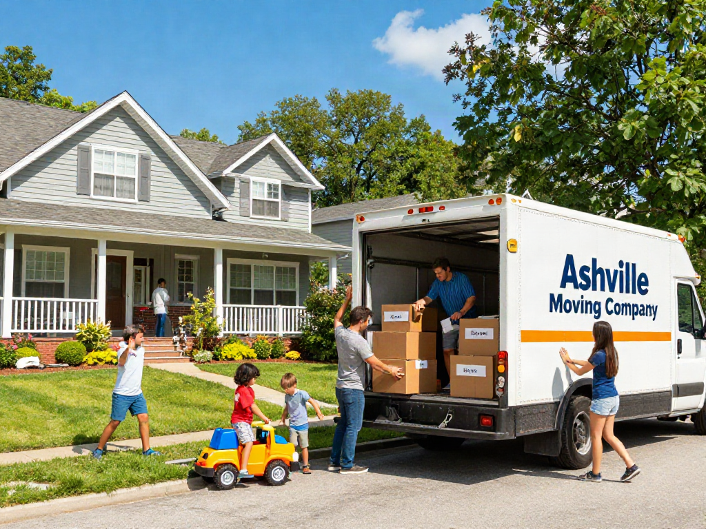 Ashville moving company helping a family pack their belongings in a cheerful neighborhood with vibrant greenery.