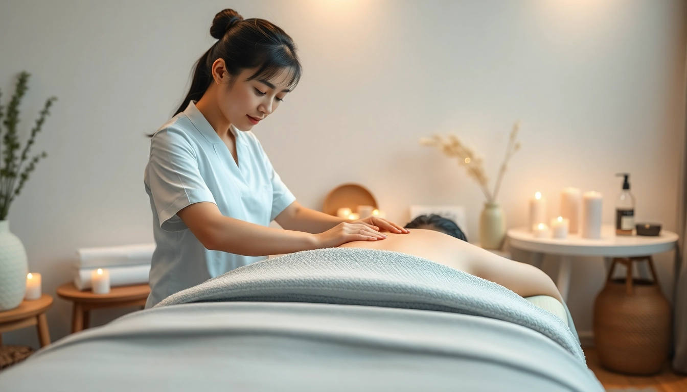 출장안마 service in a calming massage setting, showcasing professional therapist and tranquil ambiance.