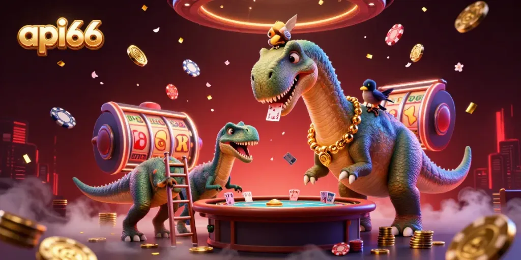 api66 showcases a dynamic casino scene with a brontosaurus and clever raptor dealing cards, 3D poker elements.