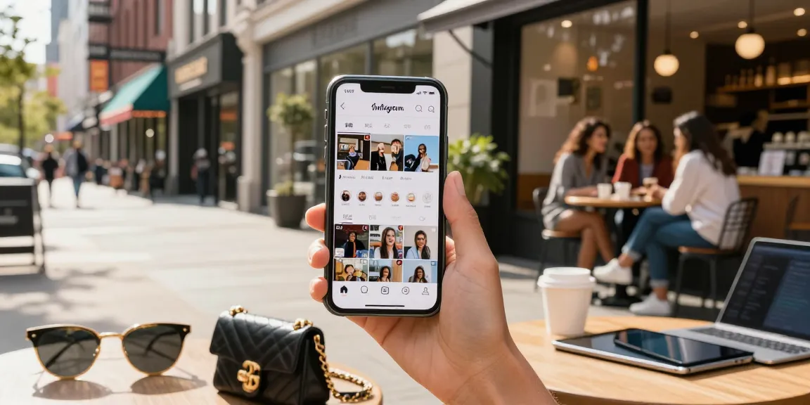 The best place to buy Instagram followers portrayed by an influencer showcasing their profile in a lively urban street, capturing an engaging social experience.